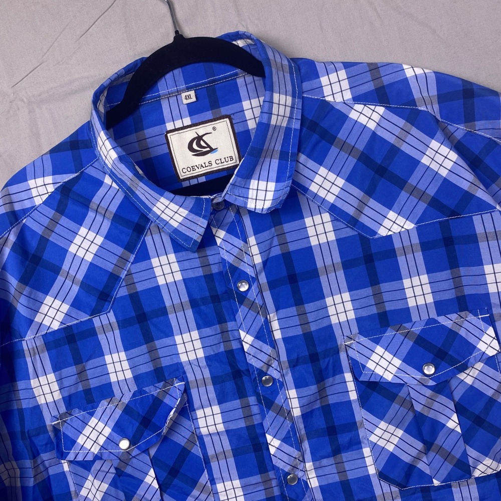 Western Pearl Snap Shirt Coevals Club Men 4XL Blue Plaid Poly Cotton SS